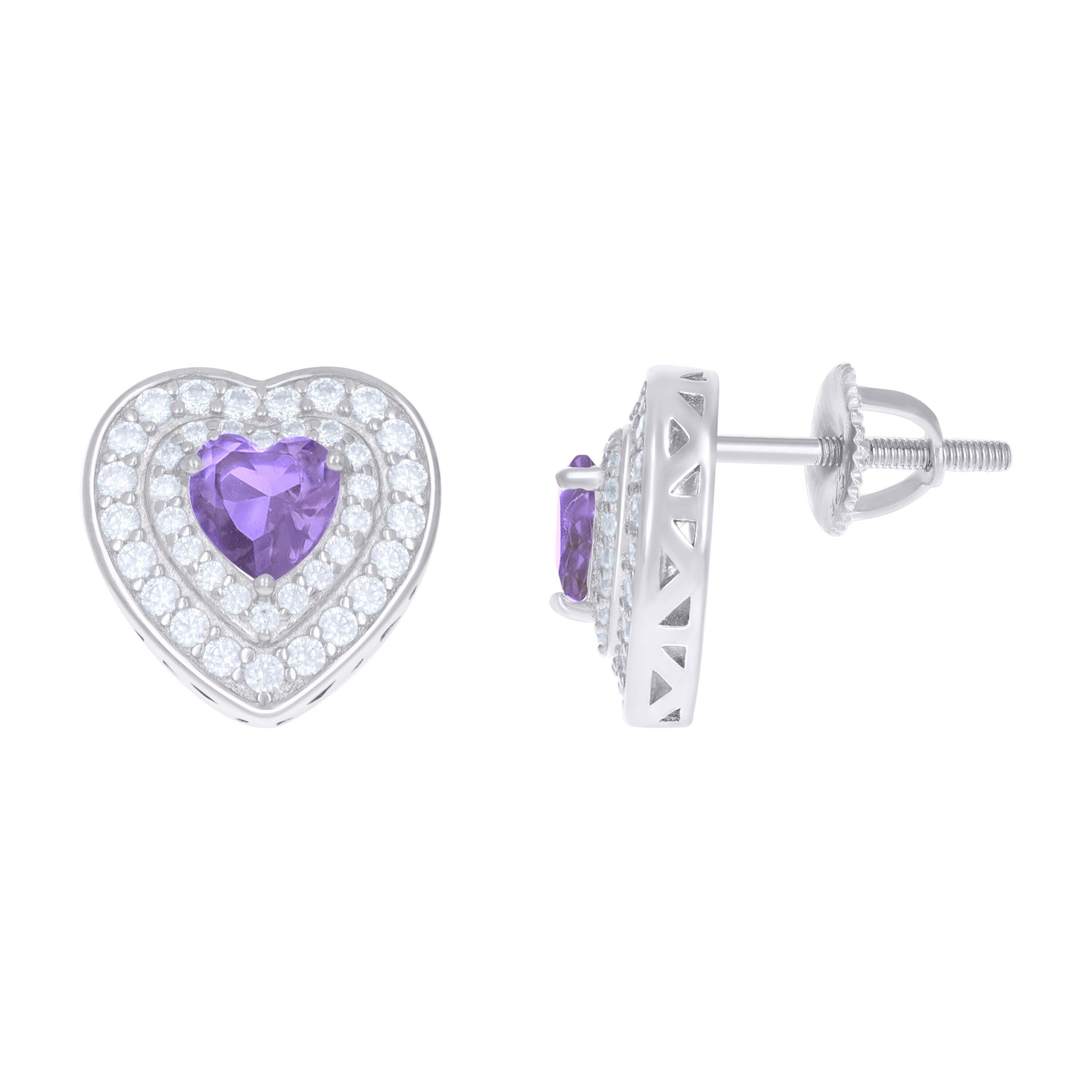 925 Sterling Silver Purple White Heart Round Cubic-Zirconia Heart Stud Earrings 130$